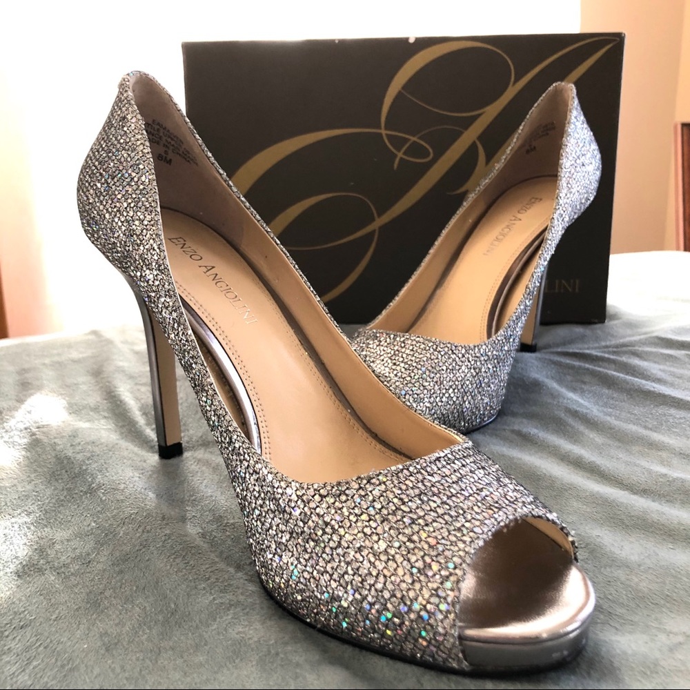 Enzo Angiolini peep toe sparkle silver pumps 8